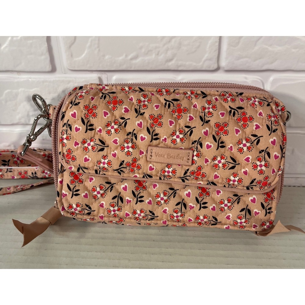 Vera Bradley Crossbody Wallet Women Small Pink Floral Heart RFID Quilted Bag